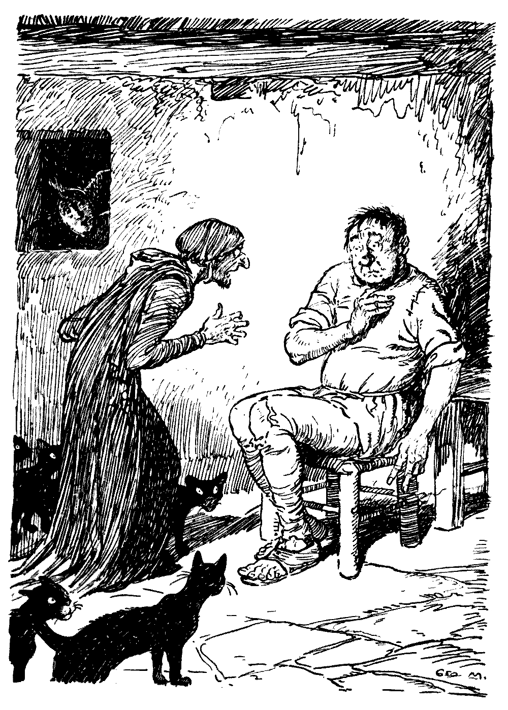 A drawing of woman looking with surprise at a man, while a jester
witness this from a window.