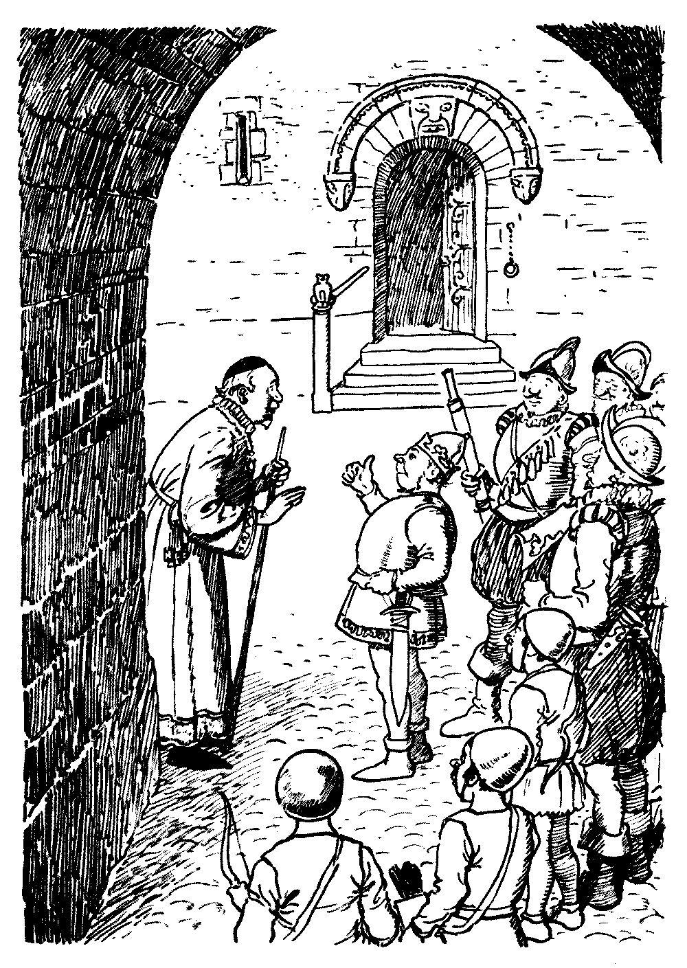 A drawing of a cleric speaking with a king, with several
soldiers watching.