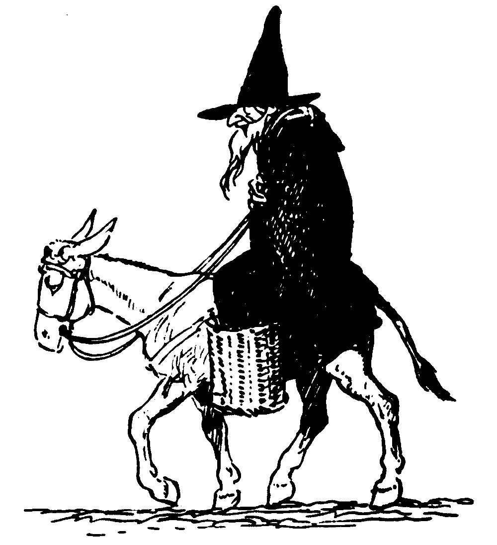 A drawing of a man with a pointed cap riding a donkey.