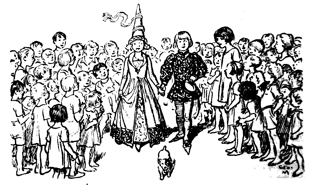 A drawing of two children with nobles' clothes walking
between a crowd.