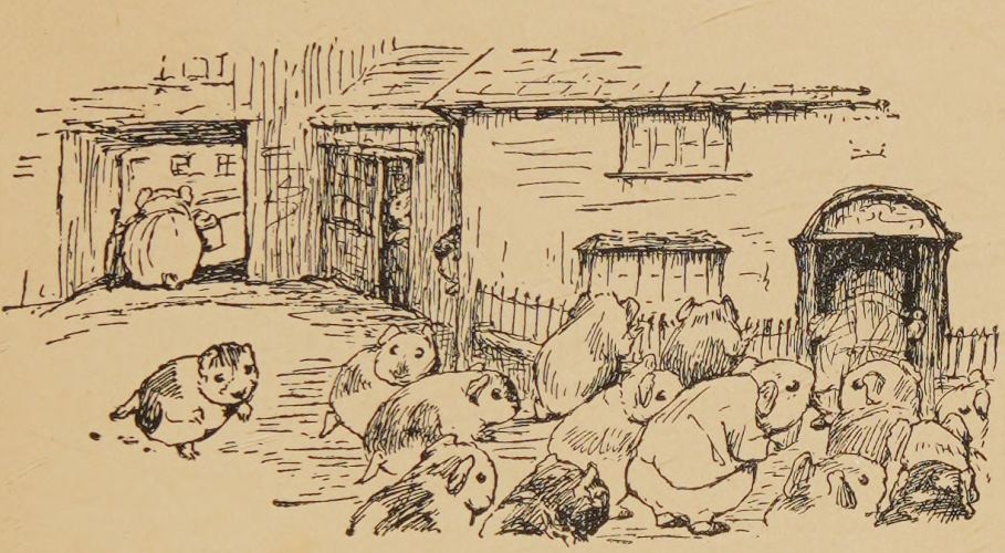 Crowd of guinea pigs at door of Tuppenny's