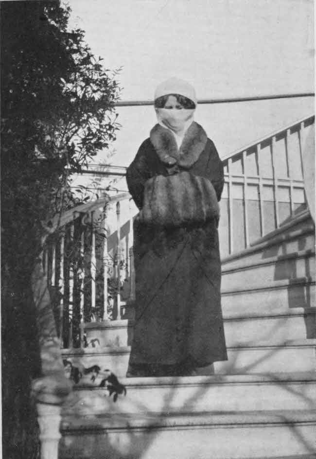 The author is shown standing on
an outside staircase facing the camera with her hair mostly covered, the yashmak
veil covering all of her face below the eyes. She is wearing a long flowing robe
with a fur-like collar, and her hands are covered by a fur-like muff.