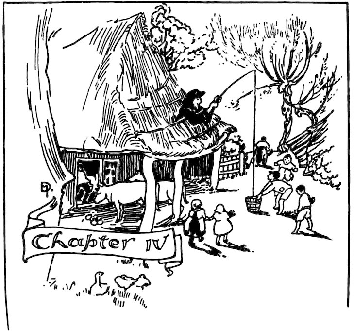 Black and white illustration depicting a person fishing from the roof of a house, while children and a cow are below, with "Chapter IV" written in a ribbon.