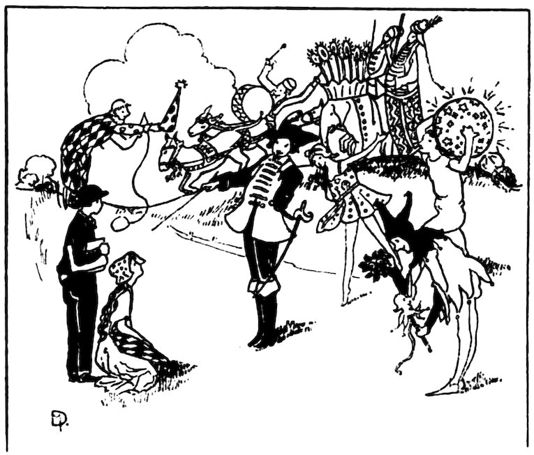 Black and white illustration depicting a man in formal attire interacting with a traveling circus group, including performers, jesters, and a horse-drawn wagon.