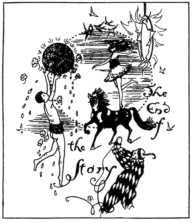 Black and white circus illustration featuring performers and a horse around the text "The End of the Story".
