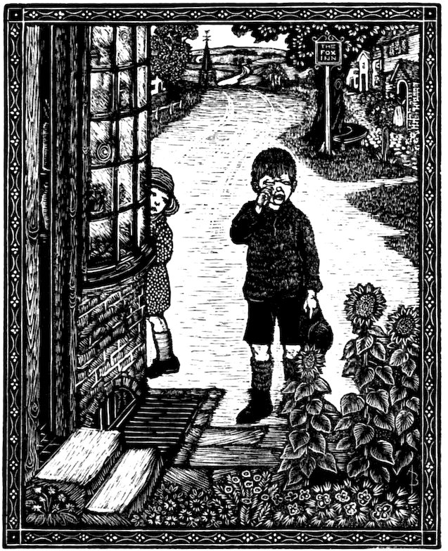 Black and white illustration of a boy crying in front of "The Fox Inn," while a girl watches from behind a building corner.