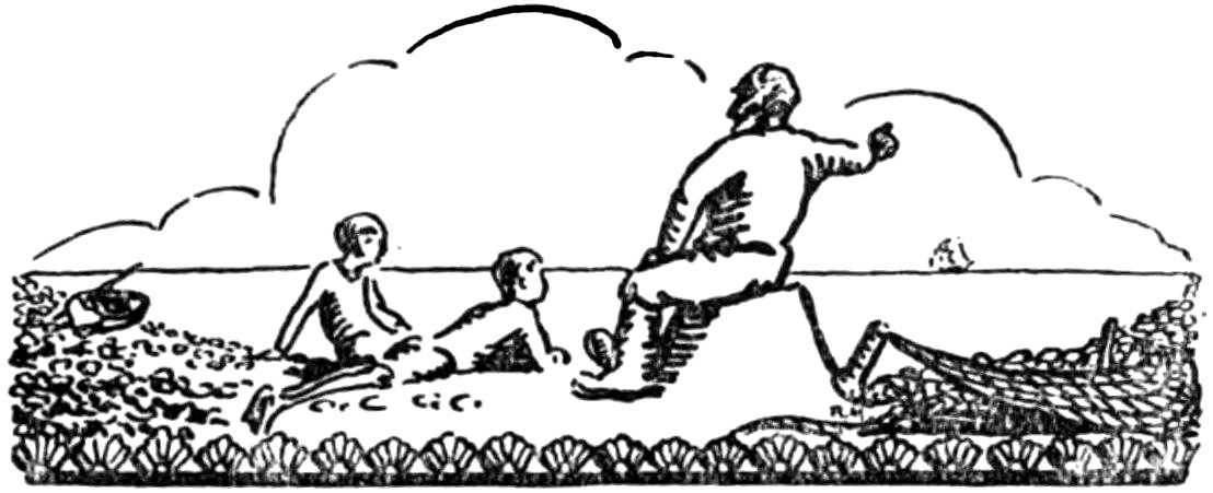 A black and white illustration shows two people sitting on a beach while another person sits nearby, pointing out toward the sea.