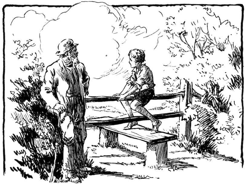 A black and white illustration depicts a boy sitting on a wooden fence, conversing with an older man standing nearby holding a walking stick.