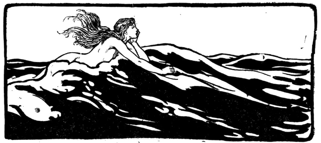 A black and white illustration depicts a mermaid with long, flowing hair resting in the sea.