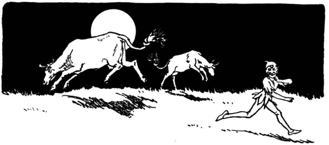 A black and white illustration depicts a small, playful figure running across a field, with two cattle leaping in the background against a large full moon.