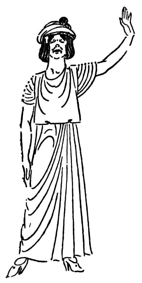 A woman in a decorative hat and long, flowing dress stands with one arm raised.