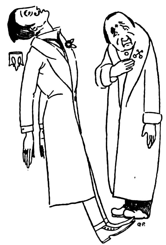 A man leaning back with his head tilted upward stands next to an older, somber-looking person wearing a long coat.