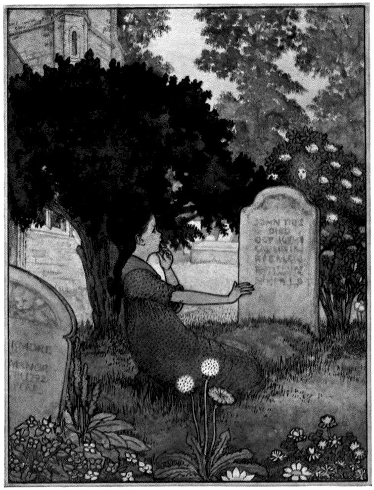 A young girl sits by a tombstone in a graveyard, reaching out to touch the inscription.