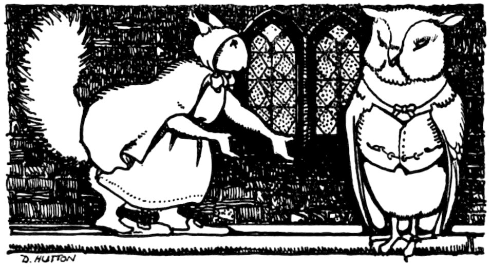 A black-and-white illustration of an anthropomorphic squirrel in a bonnet and cape speaking to an owl wearing a waistcoat.