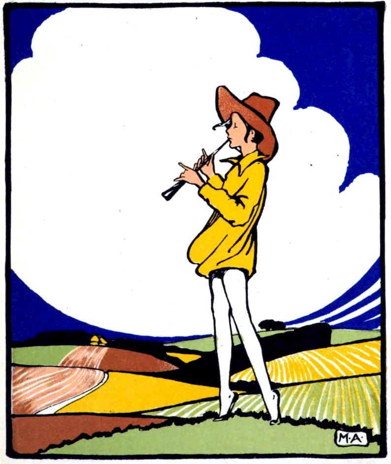 Stylized illustration of a person in a yellow coat and brown hat playing a flute in a rural landscape against a blue sky.
