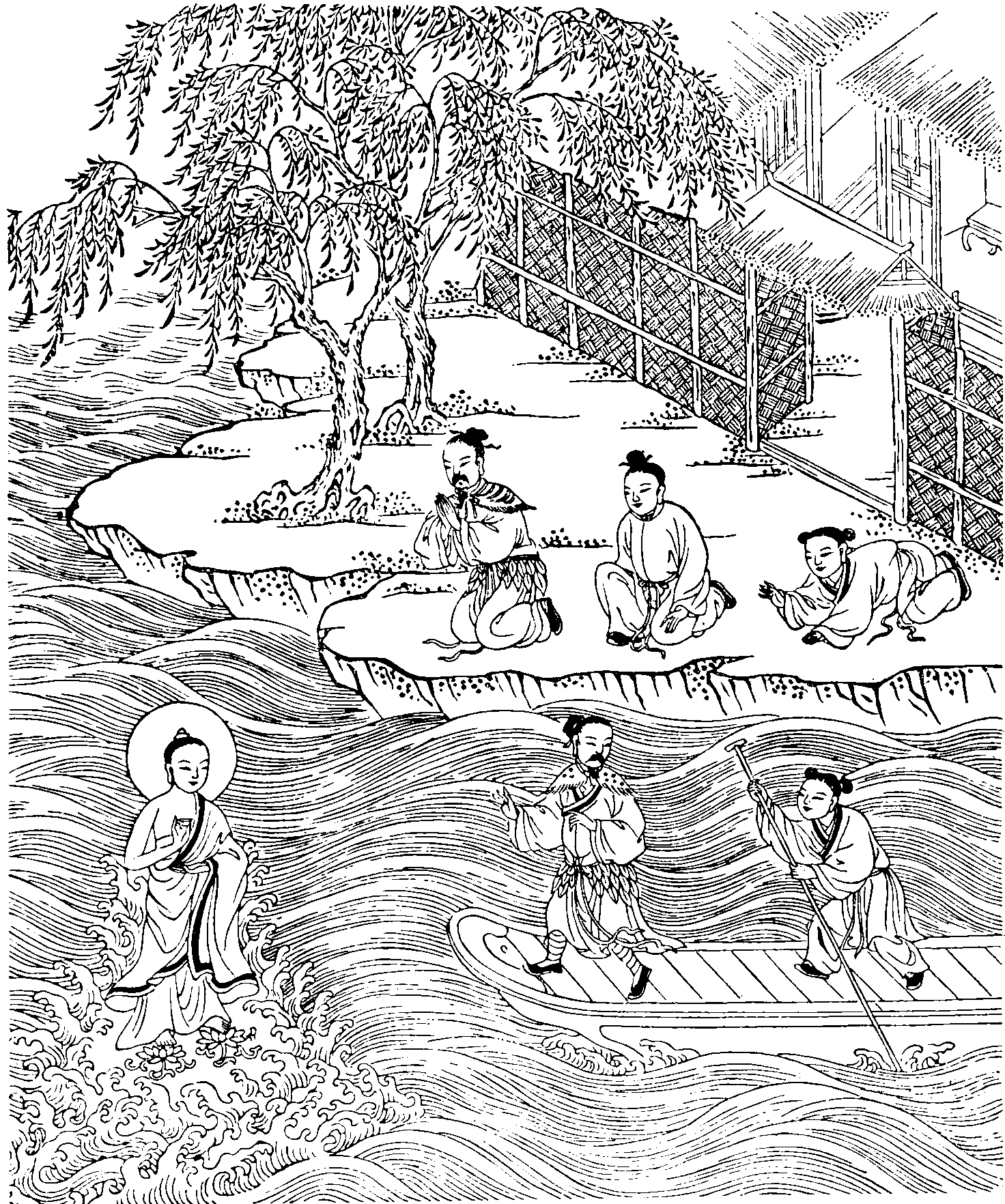 Buddha standing in a stream with water swirling around him