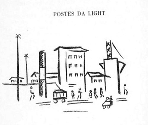 Cena urbana
estilizada com postes de luz, prédios, um bonde, pedestres e um
veículo.