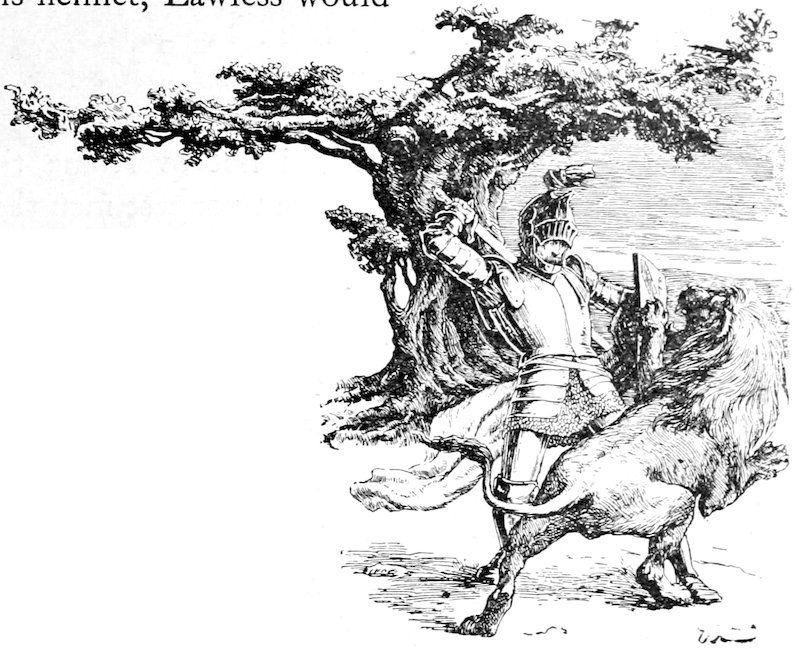 Knight fighting a lion beneath a tree.