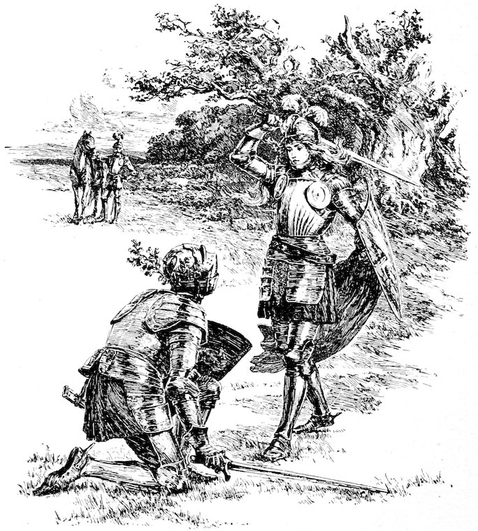 An armored knight kneeling before another armored figure holding a sword and shield, with a horse and rider visible in the distance.