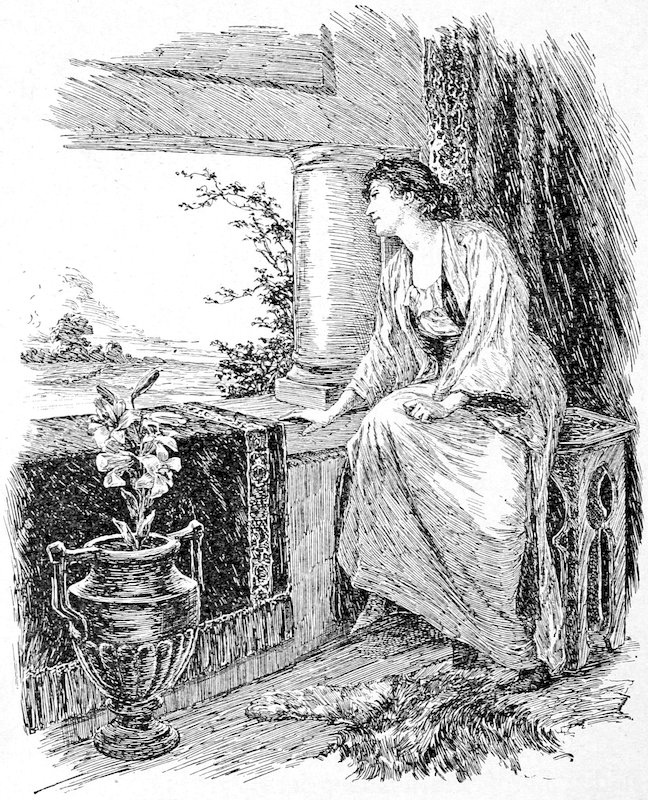 A woman seated by a window looking outside, with a vase of flowers in the foreground.